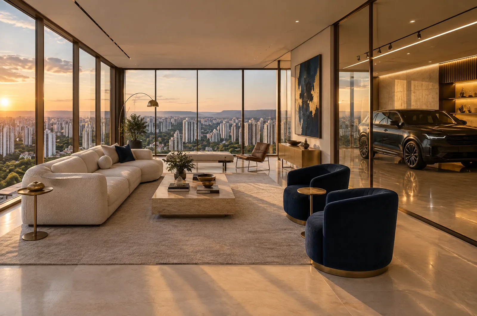 Living com sofá claro, poltronas azul-noite e piso de pedra; à direita, atrás de um vidro, a garagem com um carro escuro; ao fundo, o pôr do sol sobre os prédios de Goiânia