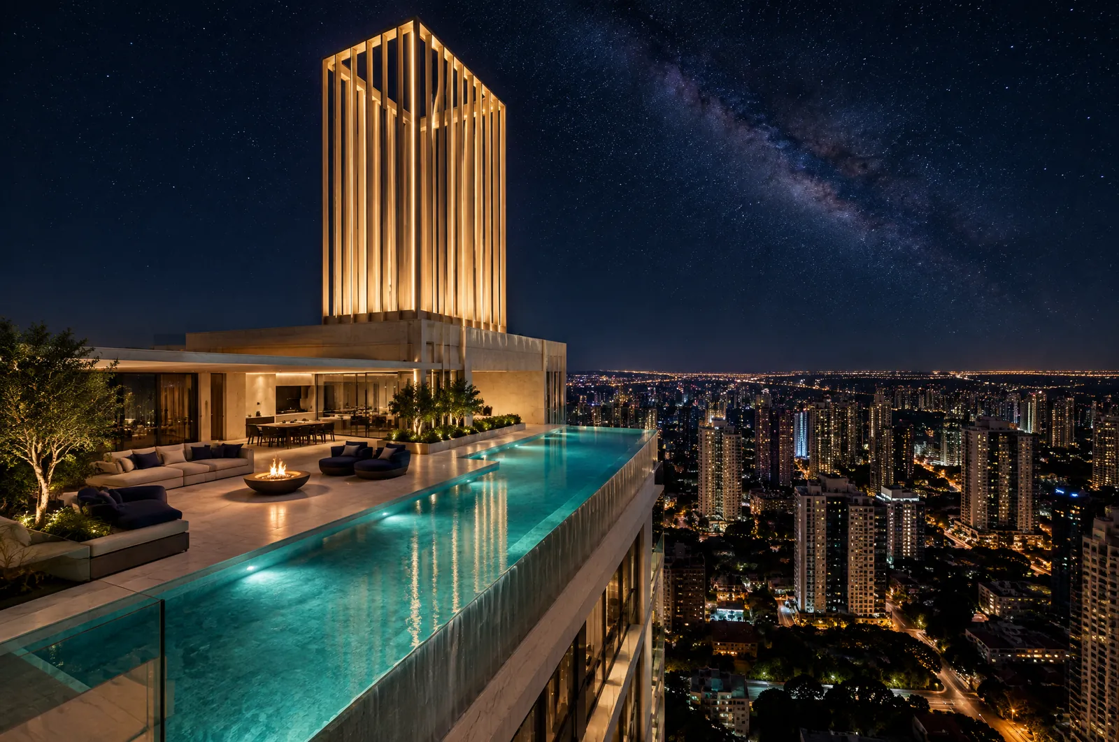 Terraço da cobertura à noite, com piscina de borda infinita iluminada em azul, lounge e lareira, embaixo da coroa de aletas douradas acesas; ao fundo, a Via Láctea e as luzes de Goiânia